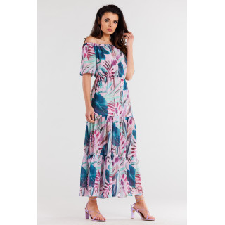 Dolga roza obleka s tropskim vzorcem