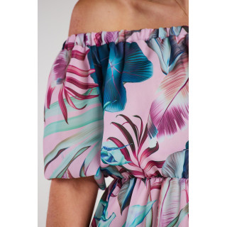 Dolga roza obleka s tropskim vzorcem