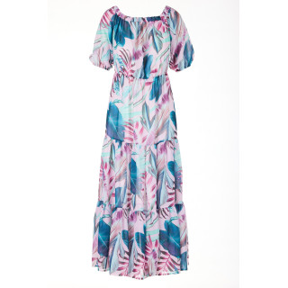 Dolga roza obleka s tropskim vzorcem