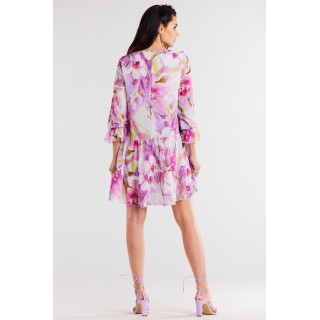 Vijolična ohlapna cvetlična obleka z naborki