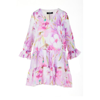 Vijolična ohlapna cvetlična obleka z naborki