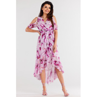 Ženska asimetrična roza obleka s pasom