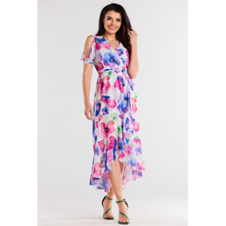 Asimetrična barvna obleka iz šifona s pasom