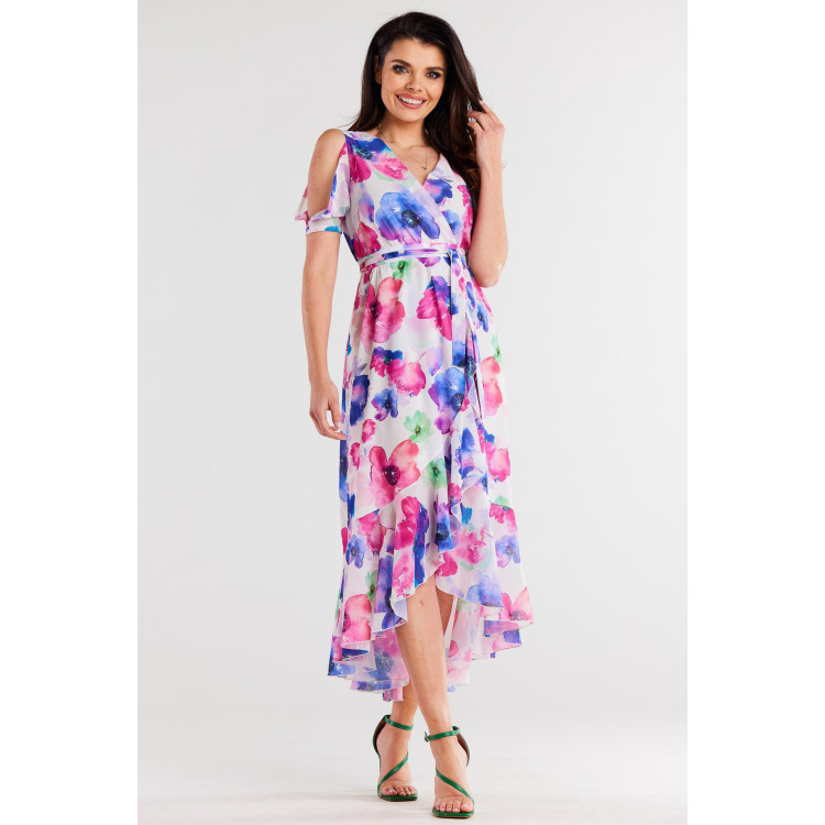 Asimetrična barvna obleka iz šifona s pasom