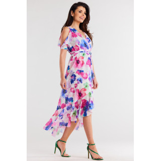 Asimetrična barvna obleka iz šifona s pasom