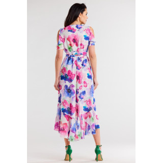 Asimetrična barvna obleka iz šifona s pasom