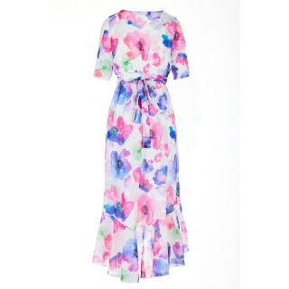 Asimetrična barvna obleka iz šifona s pasom