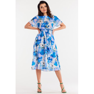 Modra cvetlična obleka s pasom