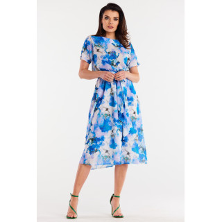 Modra cvetlična obleka s pasom