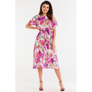 Ženska roza in bela cvetlična obleka s pasom