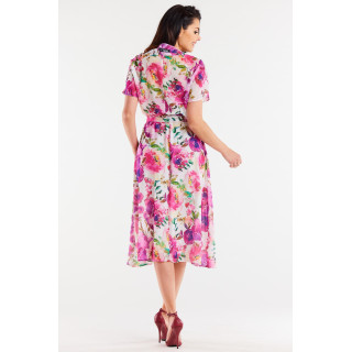 Ženska roza in bela cvetlična obleka s pasom