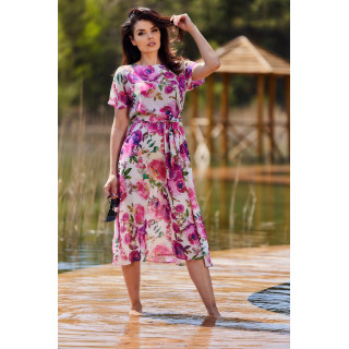 Ženska roza in bela cvetlična obleka s pasom