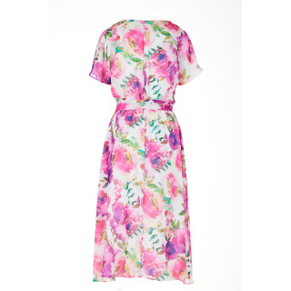 Ženska roza in bela cvetlična obleka s pasom