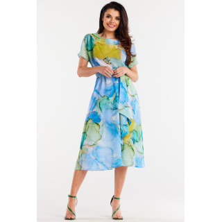 Modra vzorčasta obleka s pasom