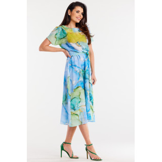 Modra vzorčasta obleka s pasom