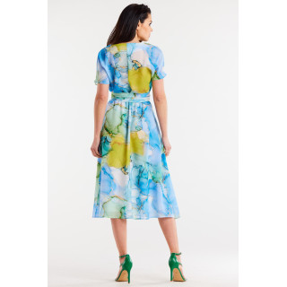 Modra vzorčasta obleka s pasom