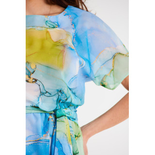 Modra vzorčasta obleka s pasom