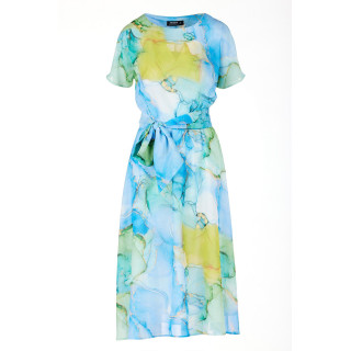 Modra vzorčasta obleka s pasom