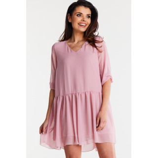 Ohlapna roza obleka iz šifona z volančkom