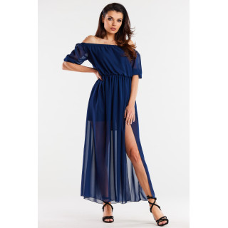 Temno modra dolga obleka iz šifona z razporkom