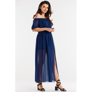 Temno modra dolga obleka iz šifona z razporkom