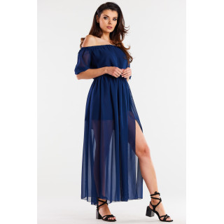 Temno modra dolga obleka iz šifona z razporkom