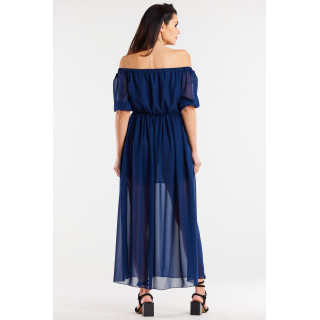 Temno modra dolga obleka iz šifona z razporkom