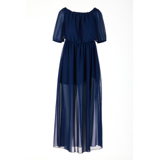 Temno modra dolga obleka iz šifona z razporkom