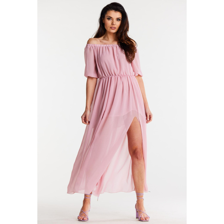 Ženska dolga roza obleka iz šifona z razporkom