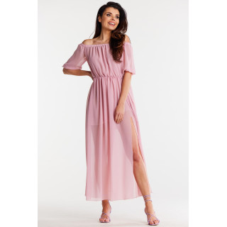 Ženska dolga roza obleka iz šifona z razporkom