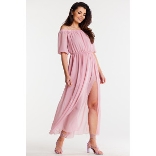 Ženska dolga roza obleka iz šifona z razporkom