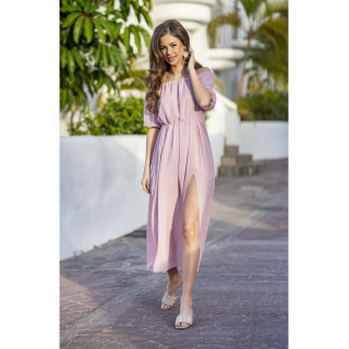 Ženska dolga roza obleka iz šifona z razporkom