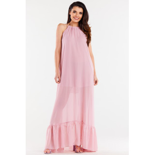 Rožnata dolga ohlapna obleka z volančkom