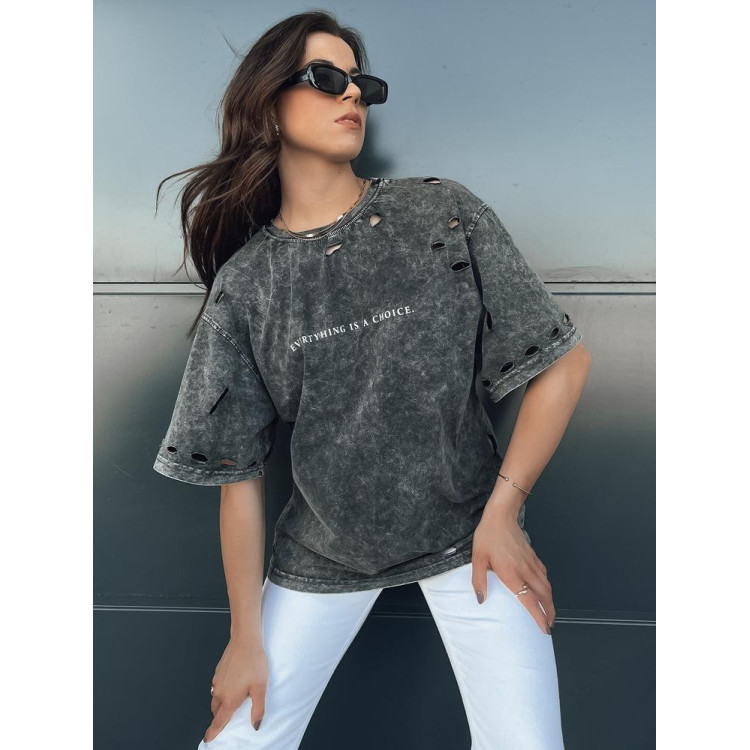 Ženska temno siva majica s kratkimi rokavi na luknje