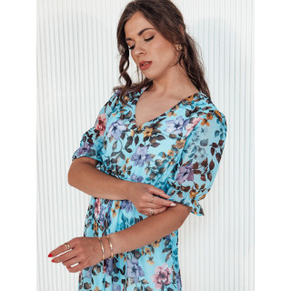 Modra obleka s cvetovi in vrvico v pasu