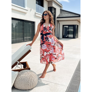 Rožnata vzorčasta obleka z zavezovanjem v pasu