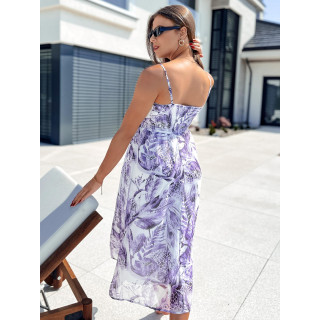 Vijolično bela vzorčasta obleka z naramnicami