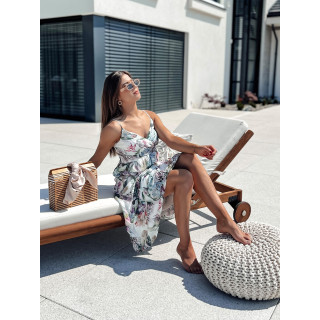 Vzorčasta ženska midi obleka z naramnicami