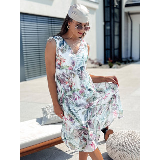 Ženska pisana obleka na rože z volančkom