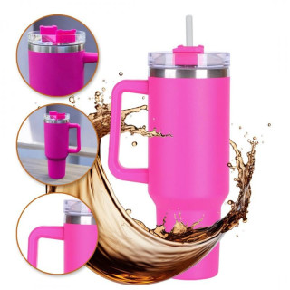 Velika roza termo vrč s slamico 1l