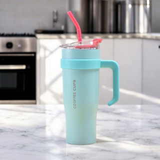 Velika turkizna termo skodelica z ročajem in slamico 1,2 l