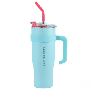 Velika turkizna termo skodelica z ročajem in slamico 1,2 l