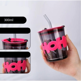 Steklena skodelica s slamico in pokrovčkom - 300 ml