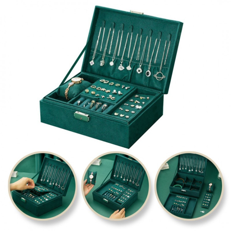Zelena škatla za nakit s številnimi predelki