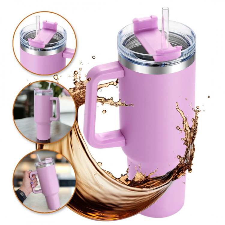 Velika roza termo skodelica s slamico