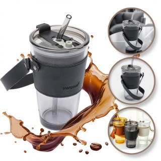 Steklena skodelica s slamico in pokrovčkom - 450 ml