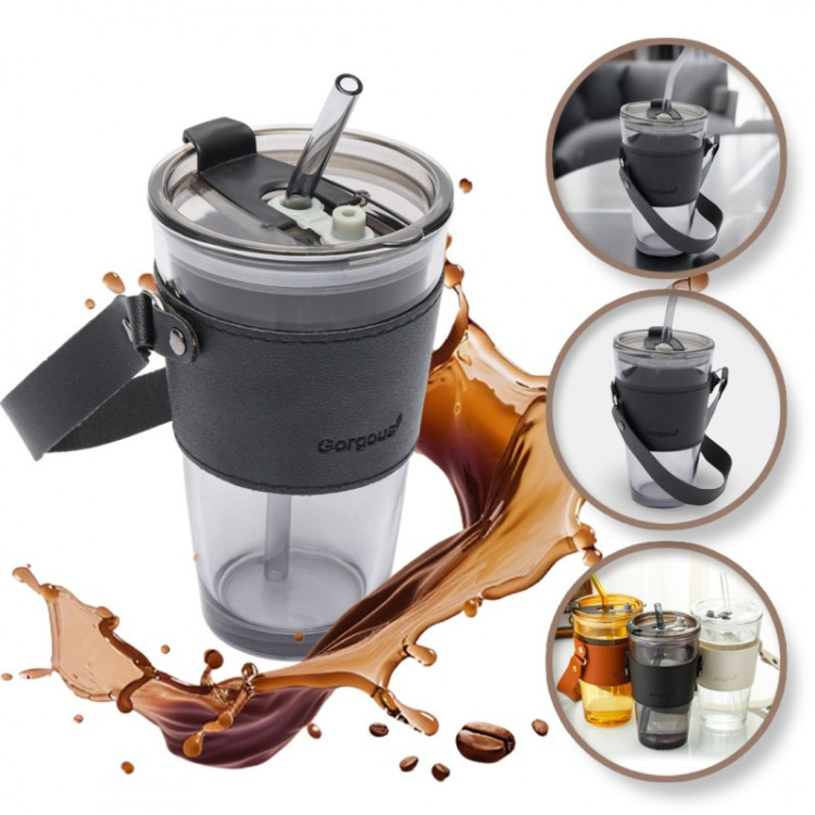 Steklena skodelica s slamico in pokrovčkom - 450 ml