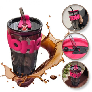 Skodelica iz črnega stekla s slamico in pokrovom - 400 ml