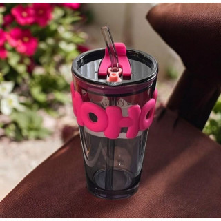 Skodelica iz črnega stekla s slamico in pokrovom - 400 ml