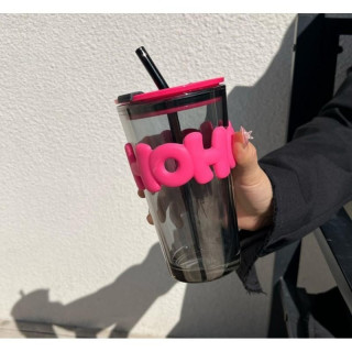 Skodelica iz črnega stekla s slamico in pokrovom - 400 ml